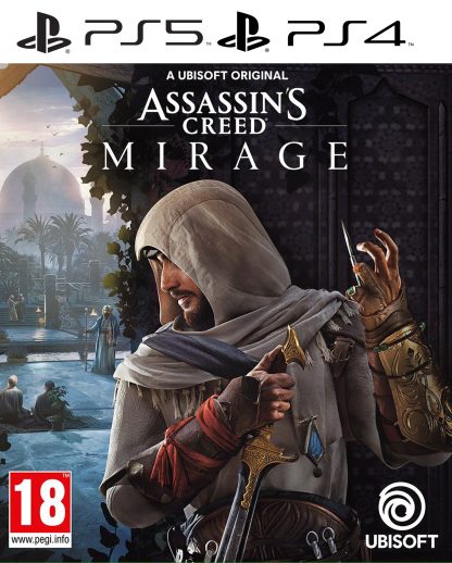 On the cover of Assassin's Creed Mirage, Ezio Auditore stands alone. Cloaked in white, sword in hand, he faces a dim, temple-like background. The image is stark, focused—just man, weapon, and shadow. The title rests quietly above.