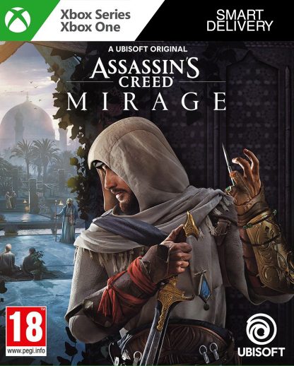 Ezio stands poised in shadow, sword drawn, his white cloak stark against a dark temple backdrop. Assassin’s Creed Mirage looms above like a silent threat.